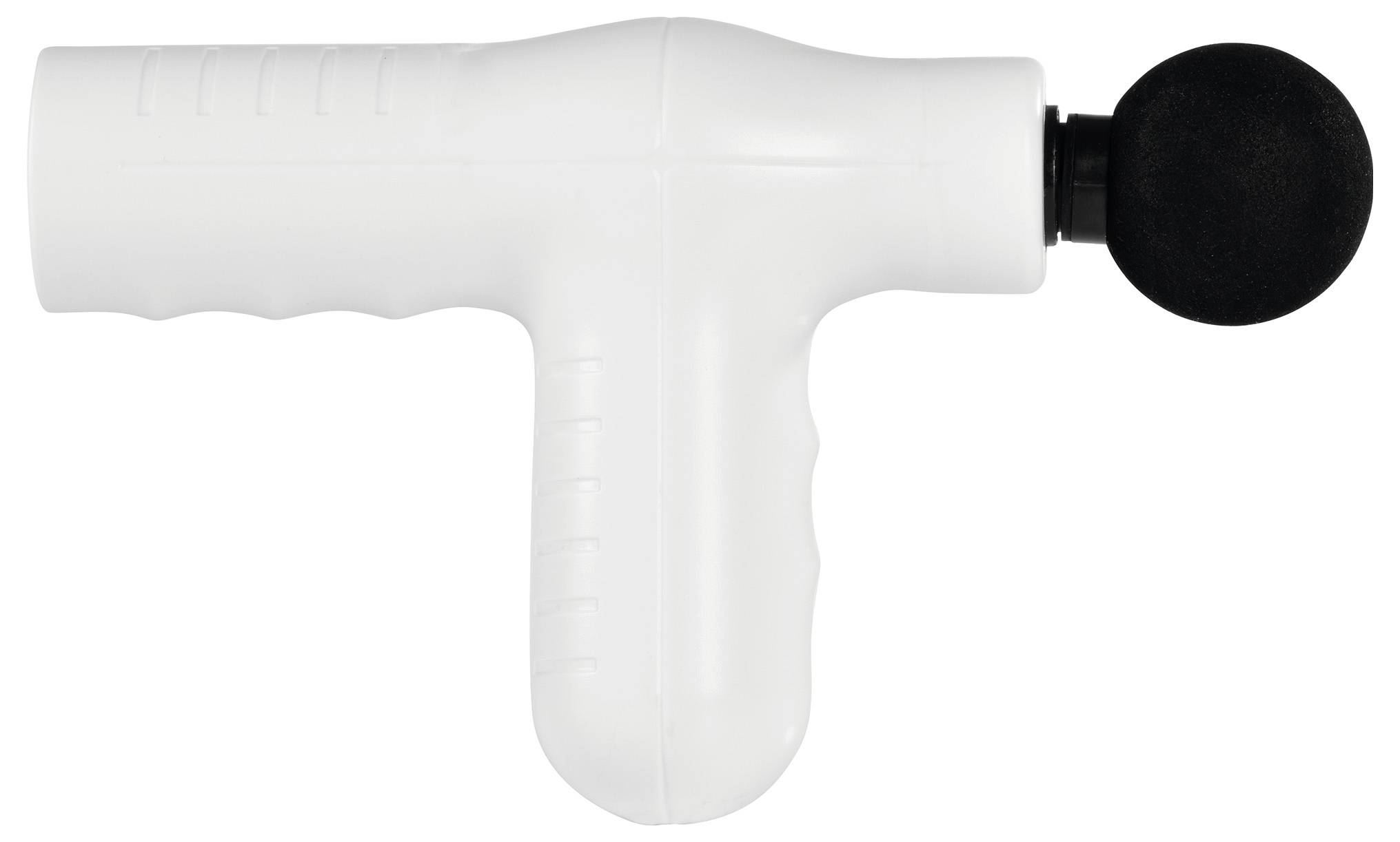 Un pistolet de massage blanc portable avec un embout sphérique noir, conçu pour la thérapie musculaire et la relaxation.