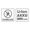 'Kabellos : Le symbole représente une prise barrée. Batterie Li-Ion 2000 mAh' présenté dans deux carrés.