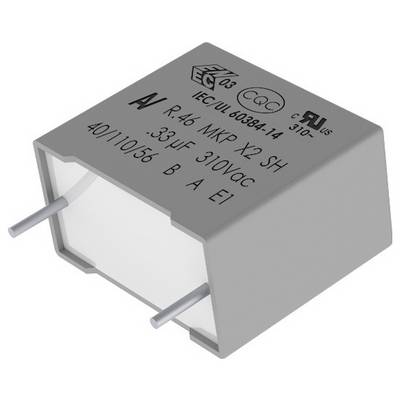 Un condensateur électronique gris de forme rectangulaire avec deux connexions métalliques et des spécifications techniques imprimées sur sa surface supérieure.