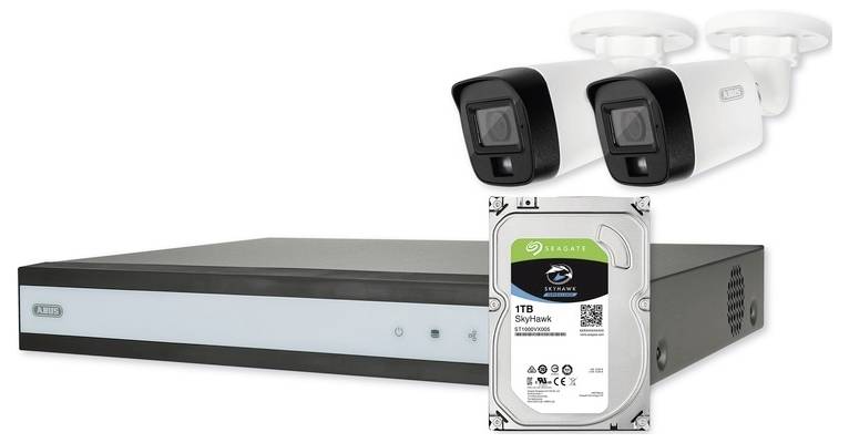 Un système de sécurité composé de deux caméras de surveillance, un enregistreur vidéo numérique et un disque dur de 1 To.