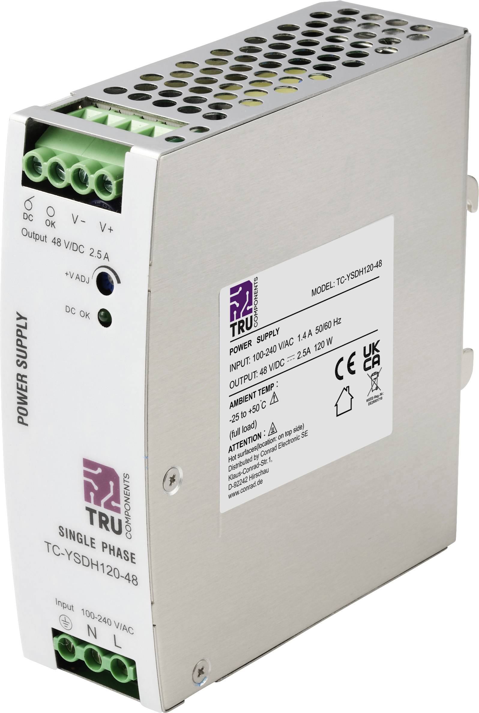 TRU COMPONENTS TC-13864568 Alimentation rail DIN 48 V/DC 2.5 A 120 W Nbr. de sorties:1 x Contenu 1 pc(s)