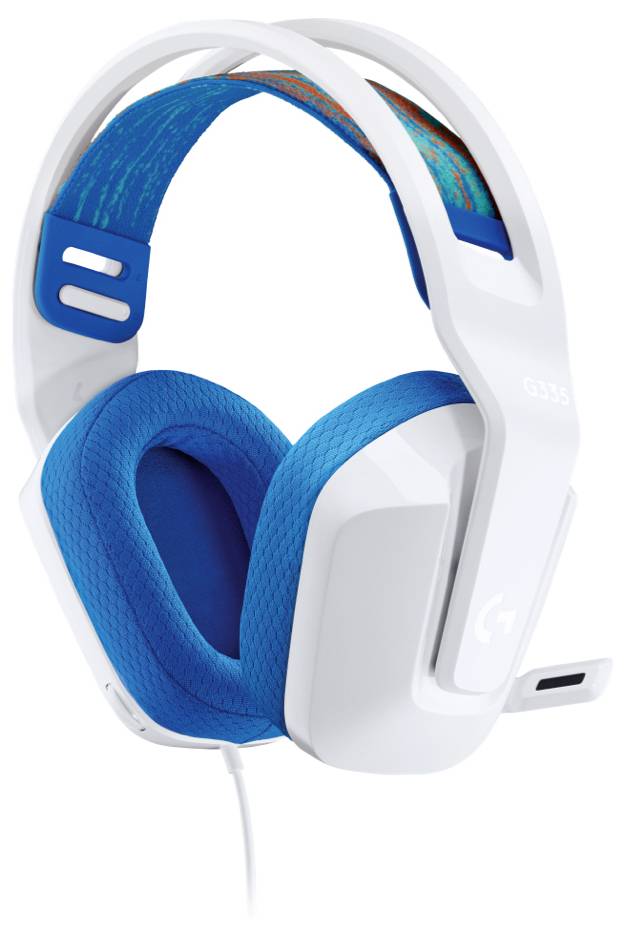 Casque de jeu supra-auriculaire blanc et bleu avec des coussinets d'oreille rembourrés et un arceau, présentant un design élégant et un ajustement réglable.