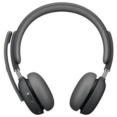 Casque audio noir supra-auriculaire avec microphone intégré, doté de coussinets d'oreille rembourrés et d'un arceau réglable, vu de dessus.