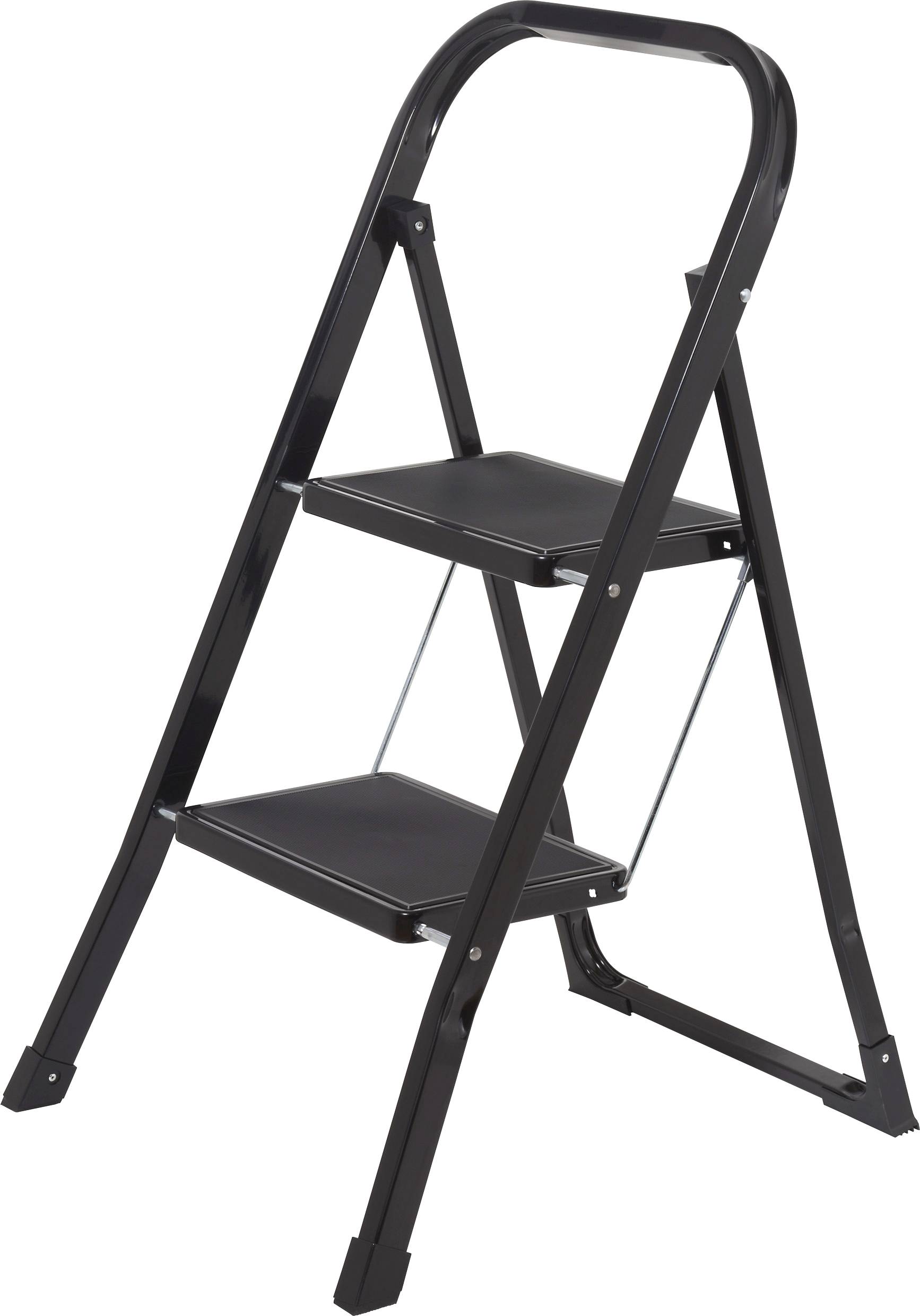 Un escabeau noir à deux marches avec un châssis métallique robuste, conçu pour une utilisation intérieure, généralement utilisé pour atteindre des étagères ou des armoires en hauteur.