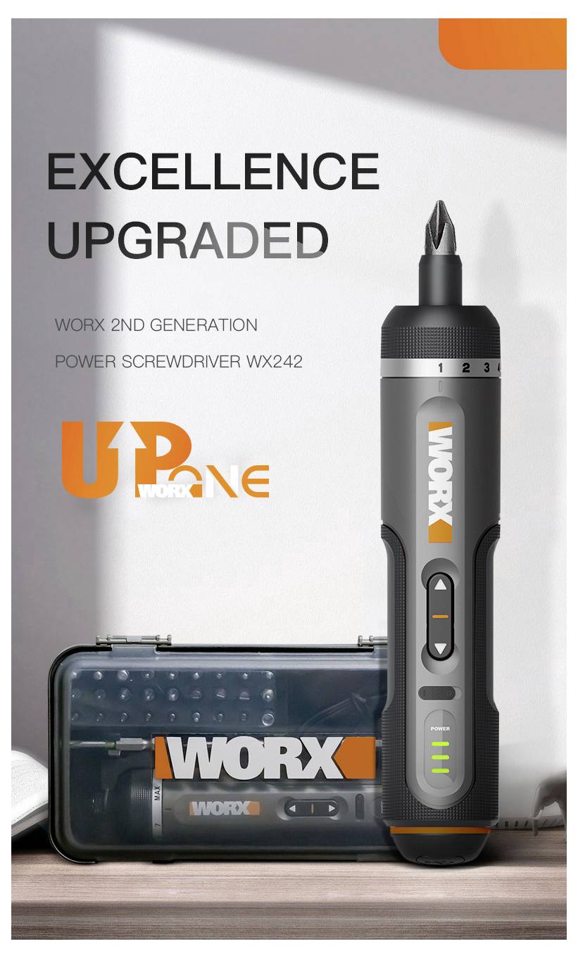 Une affiche met en avant un tournevis électrique WORX modèle WX242, intitulé « Excellence Améliorée ». L'outil est présenté verticalement avec un coffret de jeu de mèches en dessous.