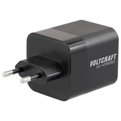 Un adaptateur secteur Voltcraft UC-45W002 noir à deux broches conçu pour les prises électriques européennes, utilisé pour charger des appareils électroniques.