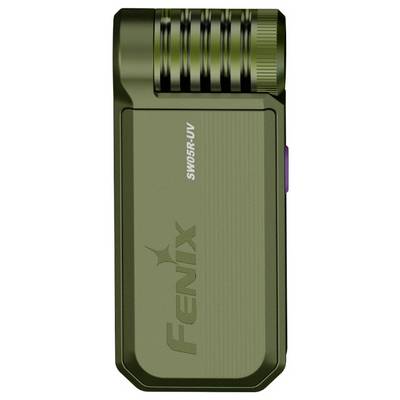 Une lampe de poche Fenix de couleur verte, modèle 'SW05R-UV', avec une prise en main texturée et une tête cylindrique, adaptée à une utilisation avec lumière ultraviolette.