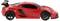 Une voiture miniature rouge avec des accents noirs et un grand aileron arrière, ressemblant à une voiture de sport élégante, vue de côté.