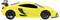 Une voiture de sport jouet jaune avec des accents noirs, vue de côté, dotée d'un aileron et de roues noires sur un fond blanc.