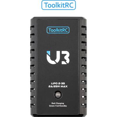 Un chargeur de batterie ToolkitRC noir pour batteries LiPo 2-3S, doté d'un affichage numérique et d'indicateurs rouge (en charge) et vert (plein/veille).