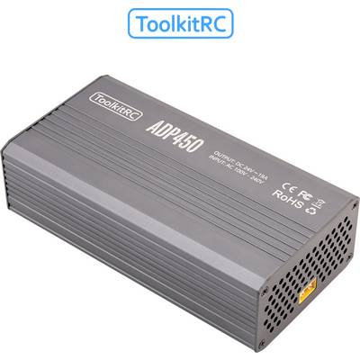 Un bloc d'alimentation gris ToolkitRC ADP450. Caractéristiques incluant 'Sortie DC 24V 15A', 'Entrée AC 100V-240V'. Symboles de sécurité et de conformité visibles.