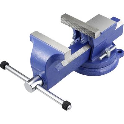 Un étau de banc en métal bleu avec base pivotante et mâchoires dentées réglables, utilisé pour maintenir des objets fermement pendant les travaux.