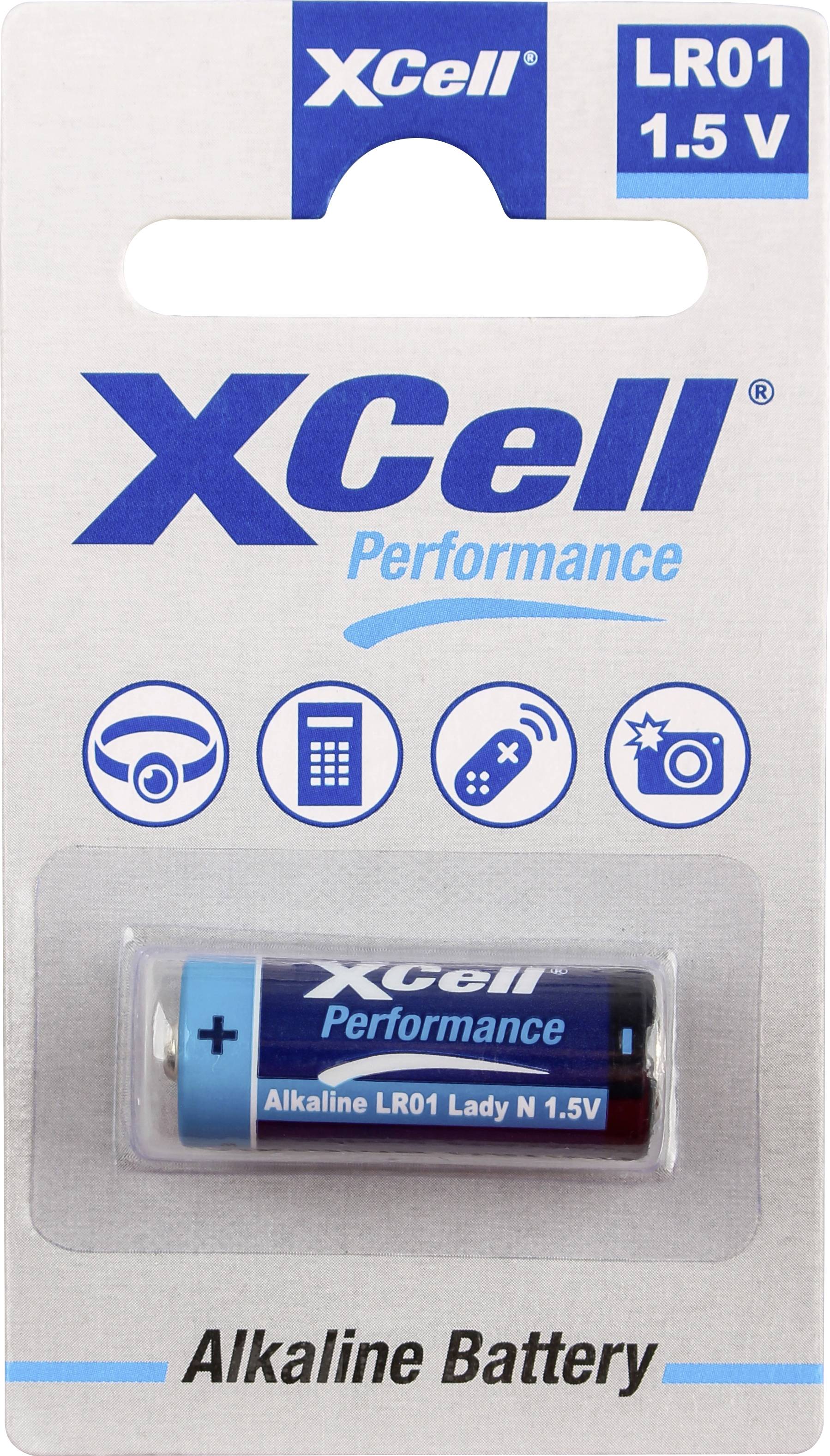 Emballage de pile alcaline XCell Performance LR01 1,5V avec des icônes d'horloge, de télécommande et d'appareil photo, indiquant les applications d'utilisation.