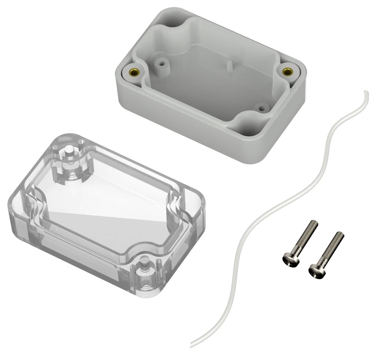 Boîtier de petite taille avec un couvercle en plastique transparent et une base grise, comprenant deux vis et un joint d'étanchéité blanc, tous les éléments étant séparés.