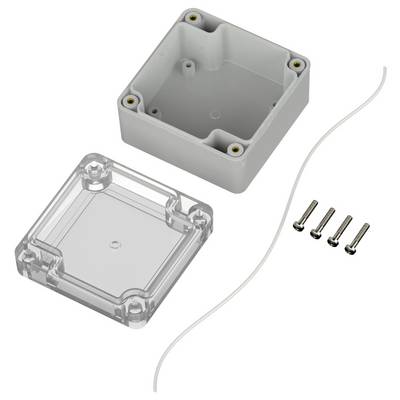 Une boîte en plastique grise, un couvercle transparent, quatre vis, et un cordon blanc fin disposés séparément.
