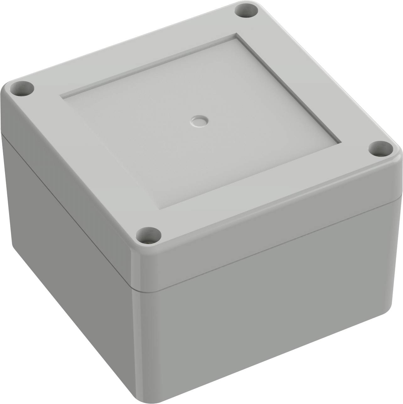Un petit boîtier électronique carré, gris, en plastique, avec un couvercle légèrement surélevé et quatre trous de vis aux angles.