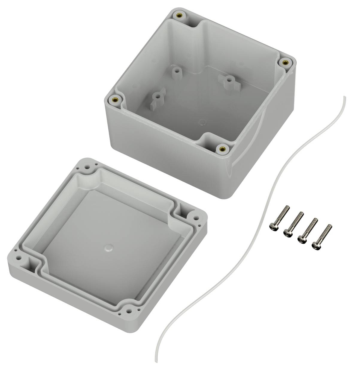 Un kit de boîte de jonction électrique grise avec un couvercle, quatre vis et un joint d'étanchéité, utilisé pour protéger les connexions électriques.