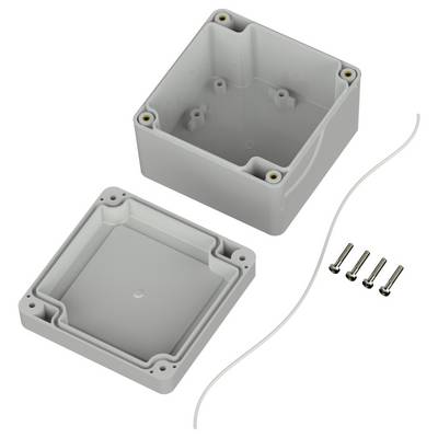 Un kit de boîte de jonction électrique grise avec un couvercle, quatre vis et un joint d'étanchéité, utilisé pour protéger les connexions électriques.
