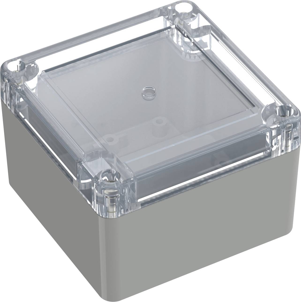 Un petit boîtier de jonction électrique carré et gris avec un couvercle transparent, utilisé pour loger des connexions ou des composants électriques.