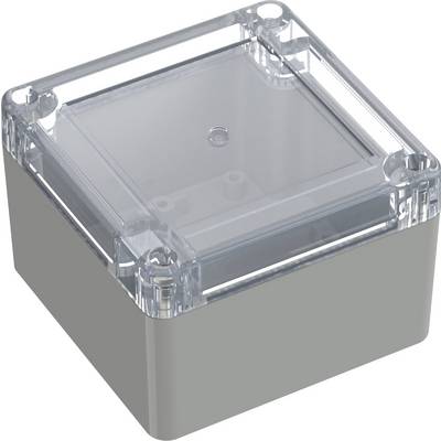 Un petit boîtier de jonction électrique carré et gris avec un couvercle transparent, utilisé pour loger des connexions ou des composants électriques.
