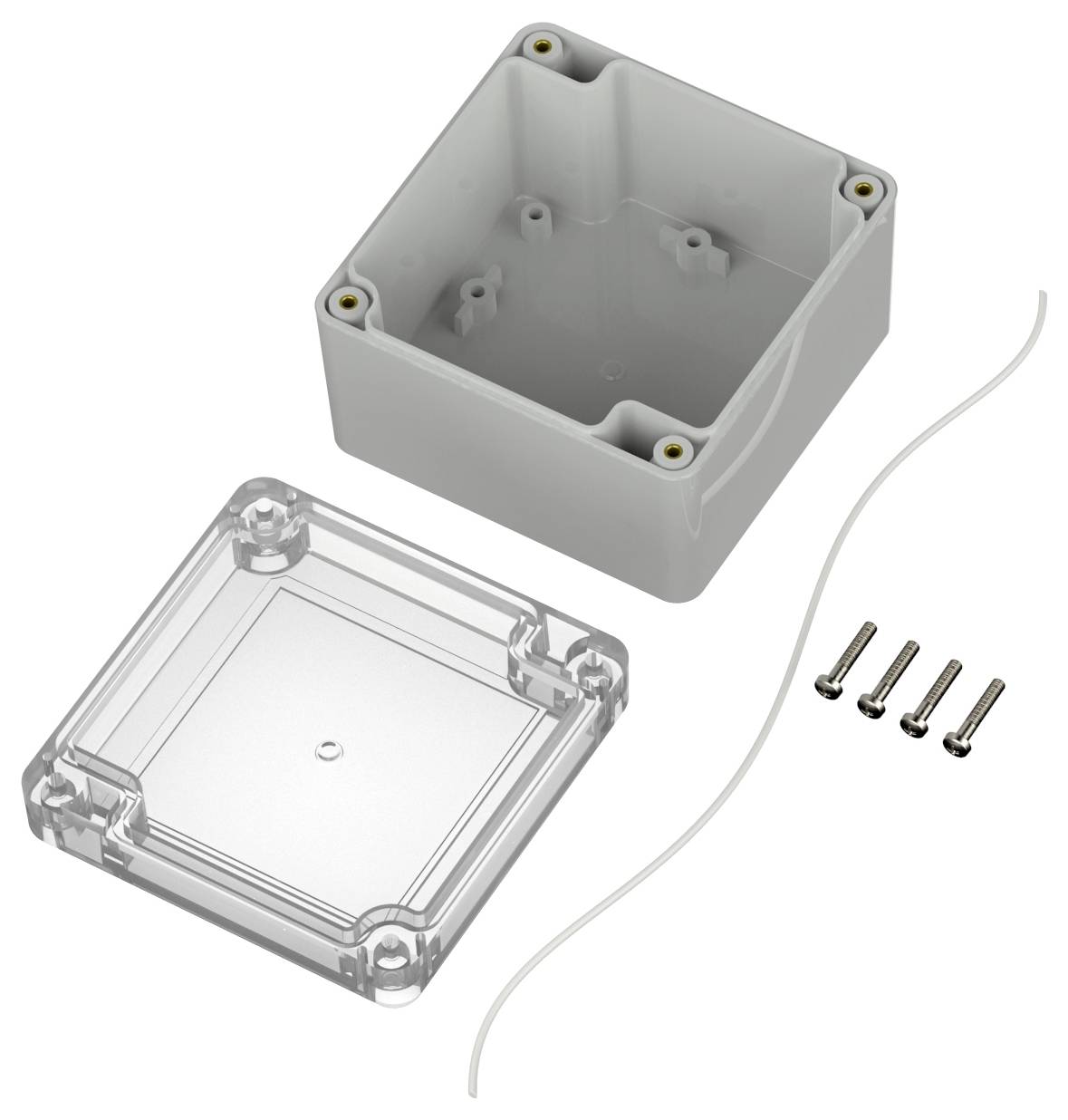 Une boîte de jonction en plastique gris avec un couvercle transparent, quatre vis et un joint d'étanchéité placés à côté.