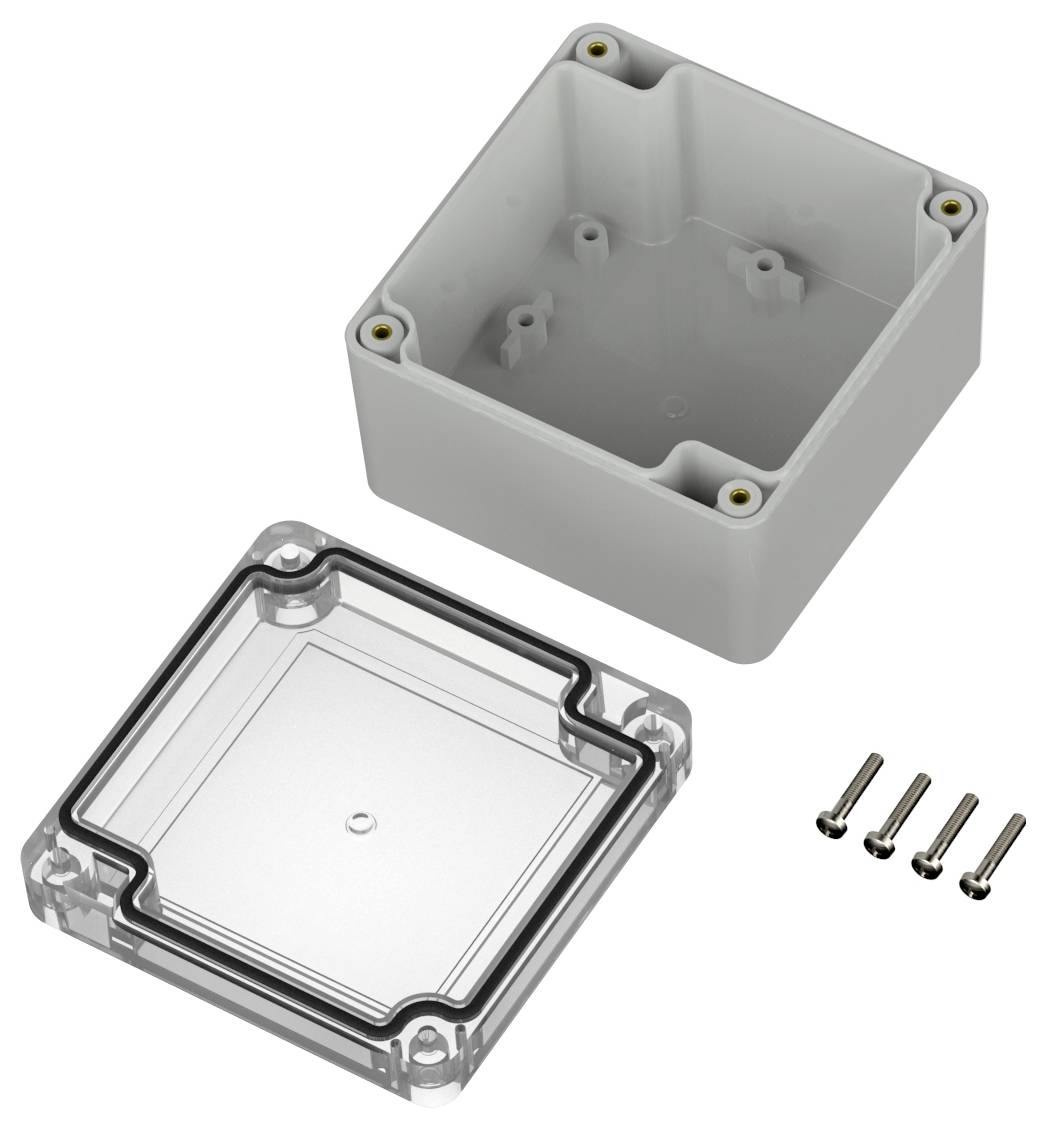 Boîtier électronique en plastique avec un couvercle transparent amovible et quatre vis, utilisé pour protéger les composants électroniques.