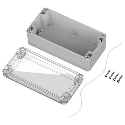 Boîtier rectangulaire en plastique avec un couvercle transparent, quatre vis et un joint d'étanchéité. Adapté aux projets électroniques ou aux composants.