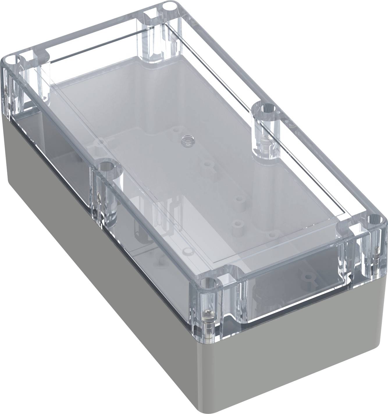 Un boîtier électronique en plastique transparent avec un couvercle amovible, vu sous un angle légèrement surélevé.
