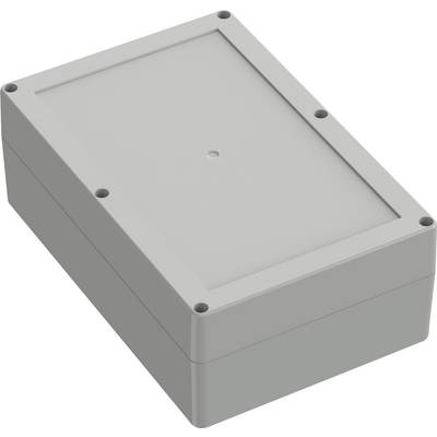 Un boîtier électronique rectangulaire gris avec une surface lisse et quatre vis d'angle, utilisé pour loger des composants électroniques.
