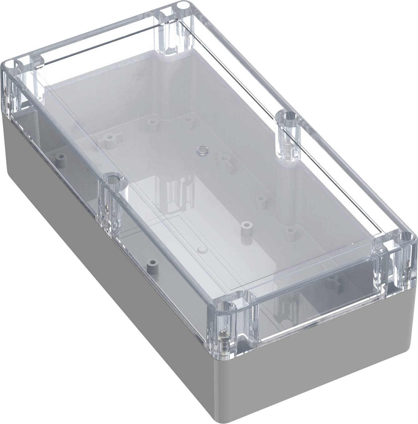 Un boîtier en plastique transparent avec un couvercle transparent et une base grise, utilisé pour loger des composants électroniques, comprenant des trous de montage.