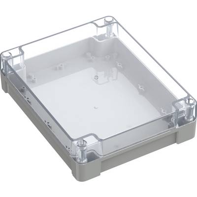 Un boîtier rectangulaire en plastique transparent avec un couvercle à charnières et des fermoirs de sécurité, généralement utilisé pour loger des composants électroniques ou des câblages.