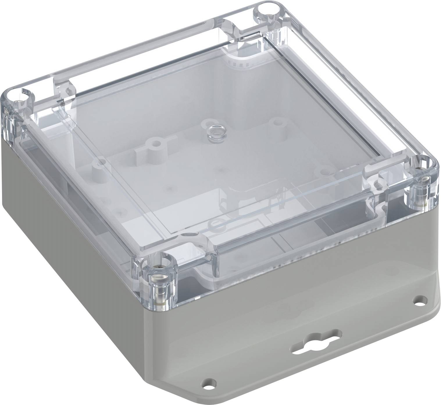 Un boîtier de jonction électrique gris avec un couvercle transparent et dégagé, révélant l'agencement intérieur avec des trous de vis pour la fixation.