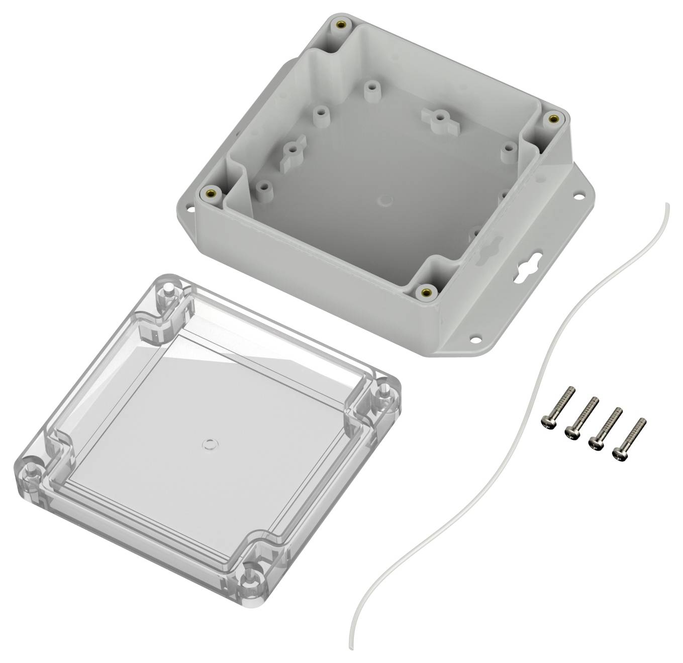 Un boîtier électronique ouvert montrant une base grise et un couvercle transparent, avec quatre vis et un joint d'étanchéité sur le côté.