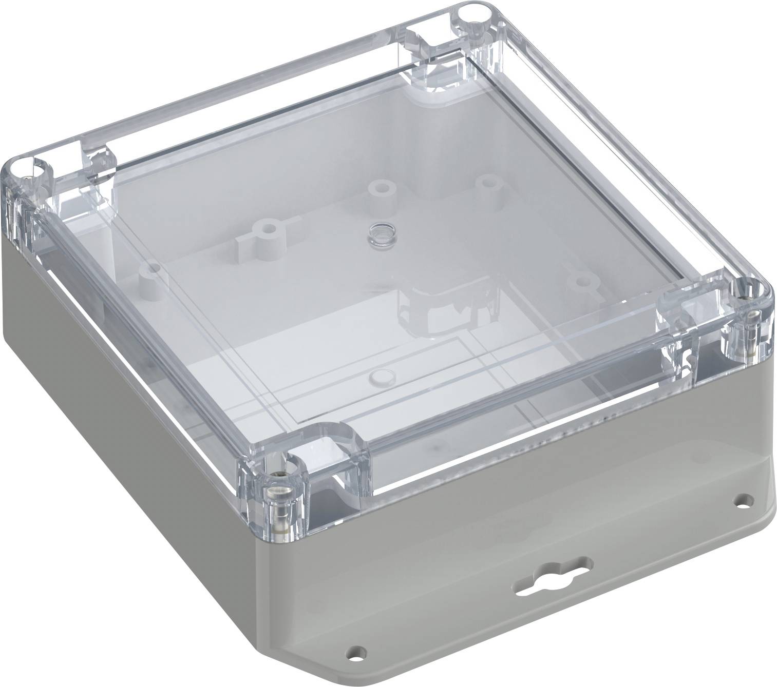 Un boîtier électronique en plastique transparent avec un couvercle à charnières, montrant des points de fixation à l'intérieur. Il est rectangulaire avec un socle gris.