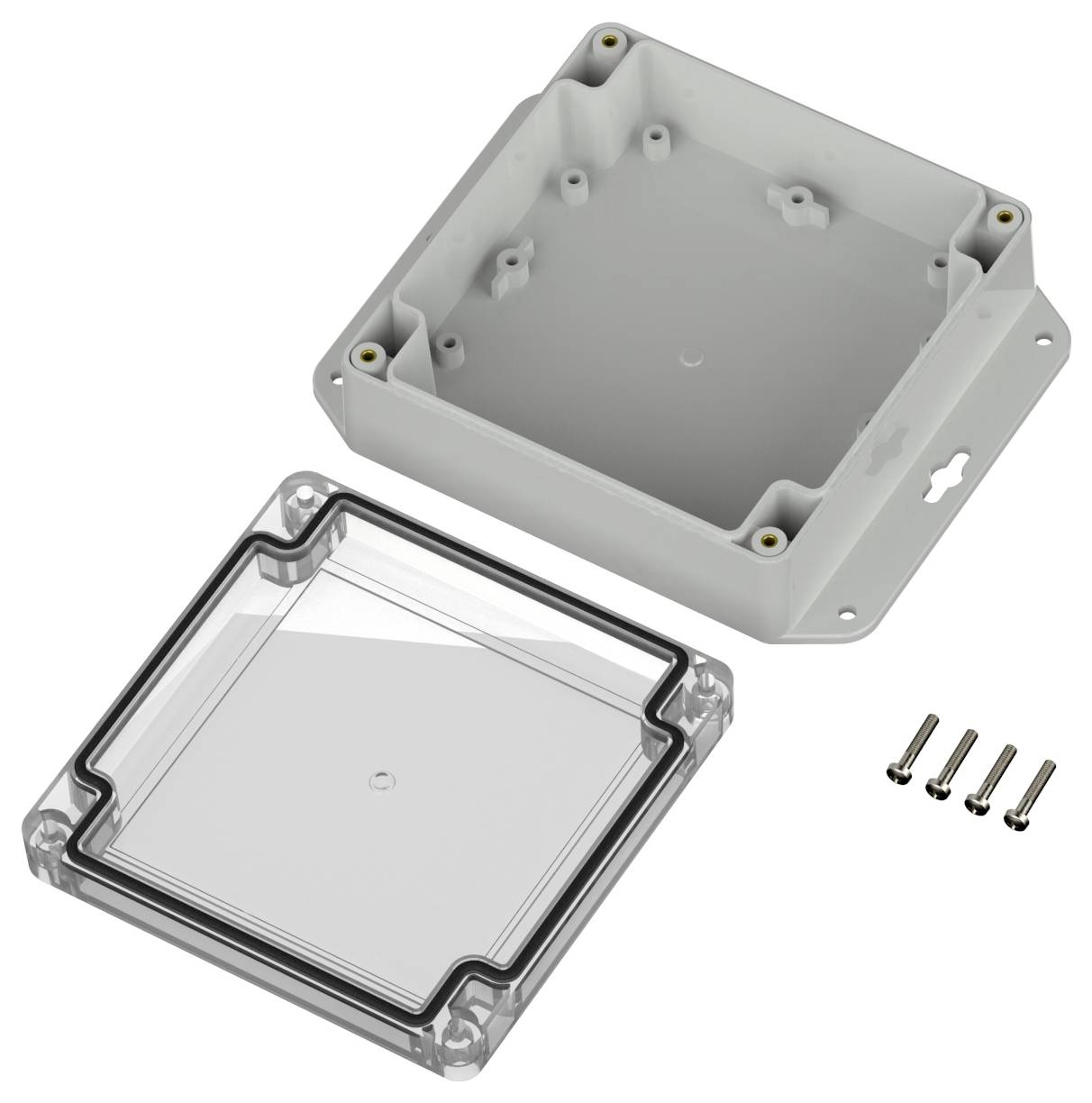 Un boîtier de jonction électrique gris ouvert avec un couvercle transparent et quatre vis placées à côté.