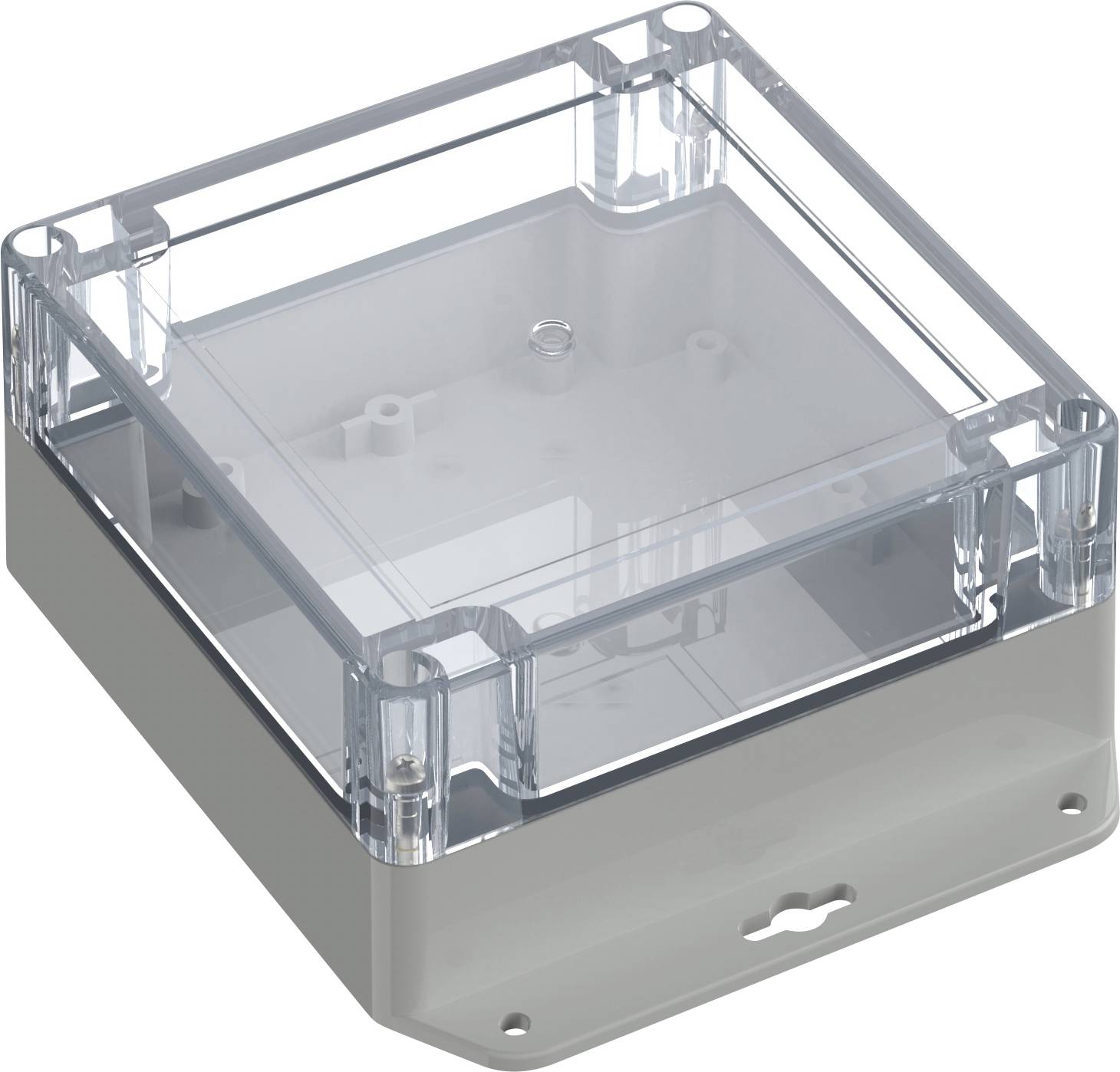 Un boîtier de jonction électrique en plastique avec un couvercle transparent et des trous de montage, conçu pour protéger et organiser les connexions électriques.