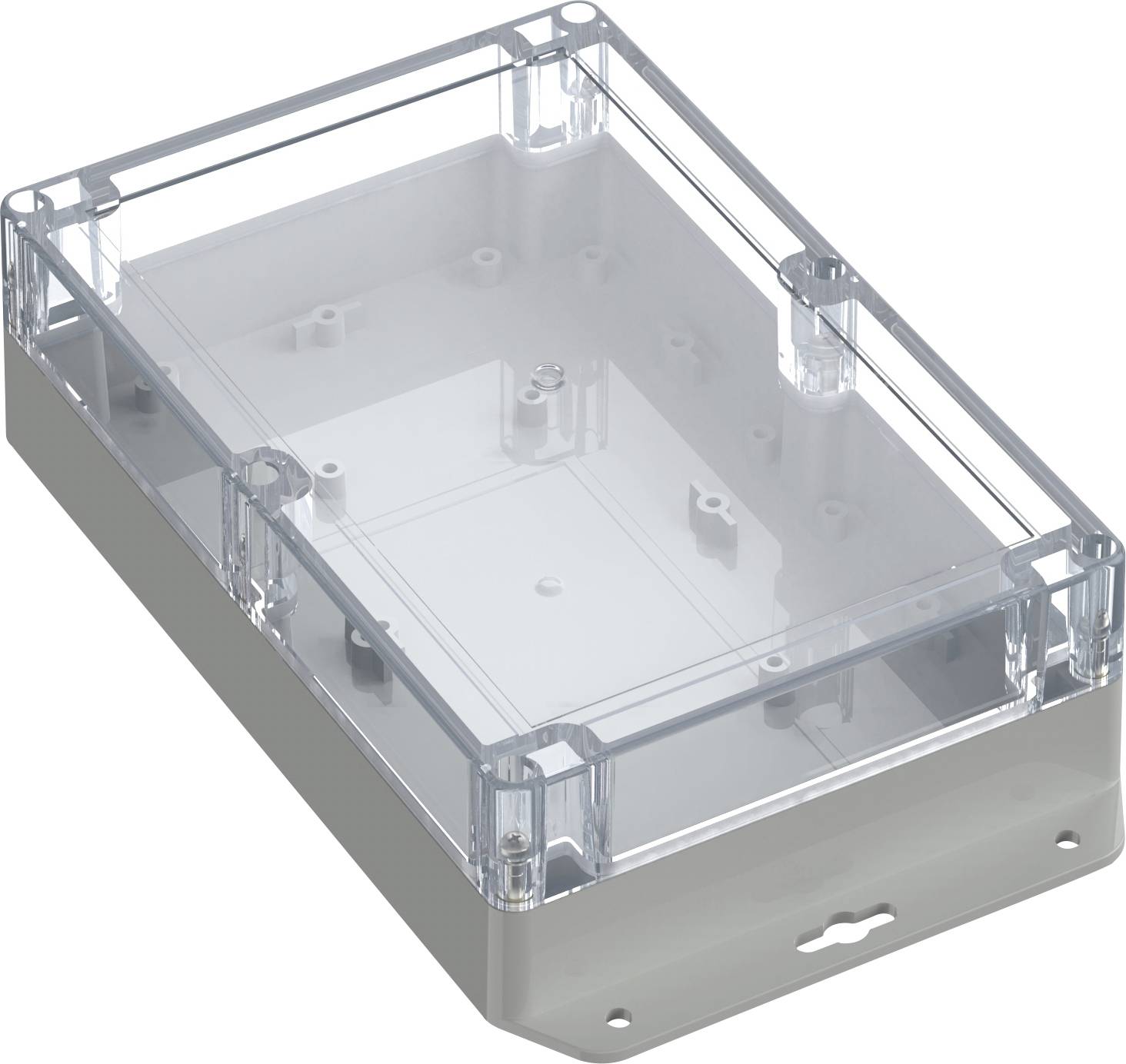 Un boîtier de jonction électrique transparent avec un couvercle transparent et une base blanche, présentant des points de montage internes et conçu pour une installation murale.