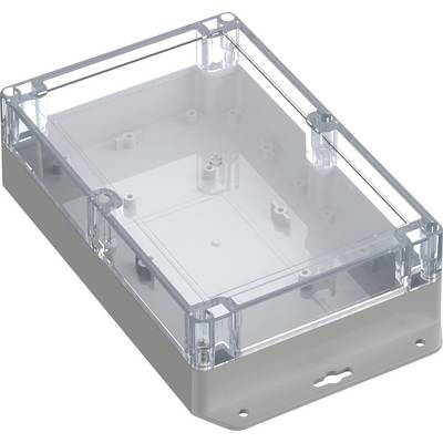Un boîtier de jonction électrique transparent avec un couvercle transparent et une base blanche, présentant des points de montage internes et conçu pour une installation murale.