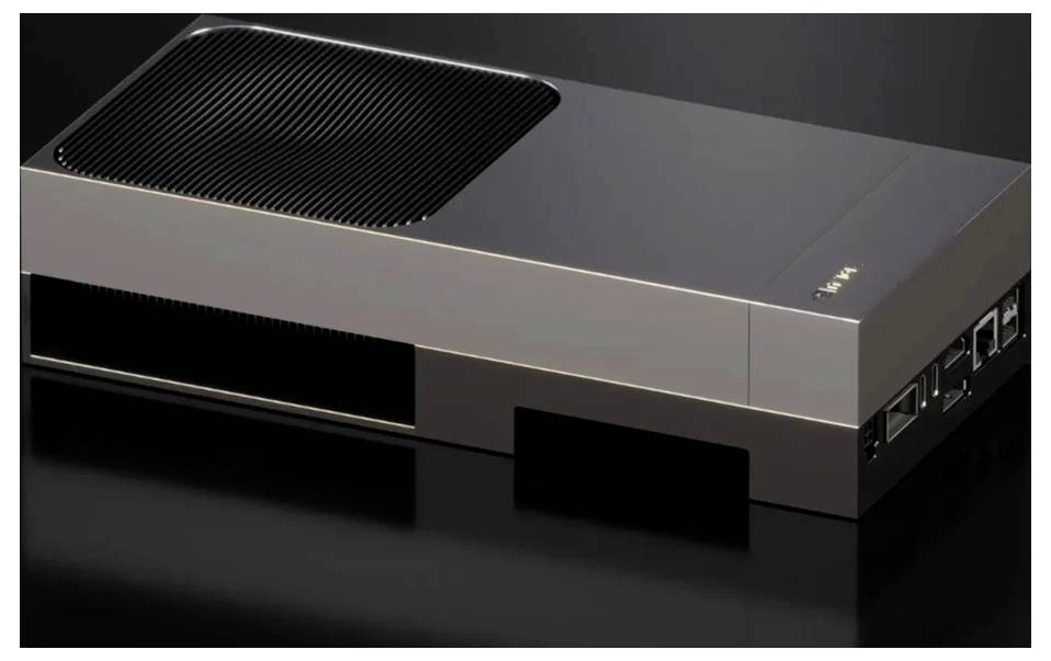 Un appareil électronique noir élégant et moderne, à l'aspect contemporain, doté d'évents sur le dessus et de plusieurs ports sur le côté, probablement une console de jeux ou un lecteur multimédia.