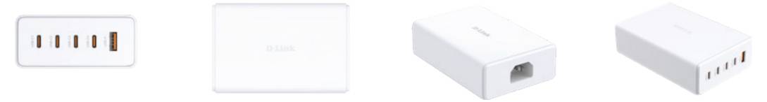 « Station de charge USB à cinq ports avec boîtier blanc, présentant des vues de face, de dos et de côté, équipée de ports d'entrée et de sortie d'alimentation. »