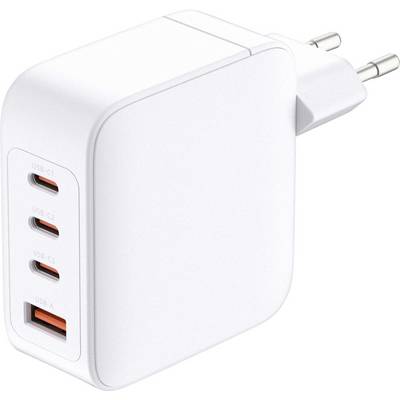 Un chargeur mural blanc avec trois ports USB-C et un port USB-A, conçu pour charger rapidement plusieurs appareils simultanément.