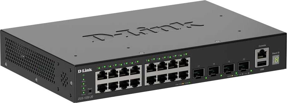 Un commutateur réseau D-Link avec 24 ports Ethernet et 4 ports de liaison montante, utilisé pour connecter plusieurs appareils dans un réseau local.