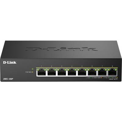 'Commutateur réseau D-Link DMS-108P avec 8 ports Ethernet, indicateurs PoE et voyants de statut LED, conçu pour la gestion du trafic de données.'