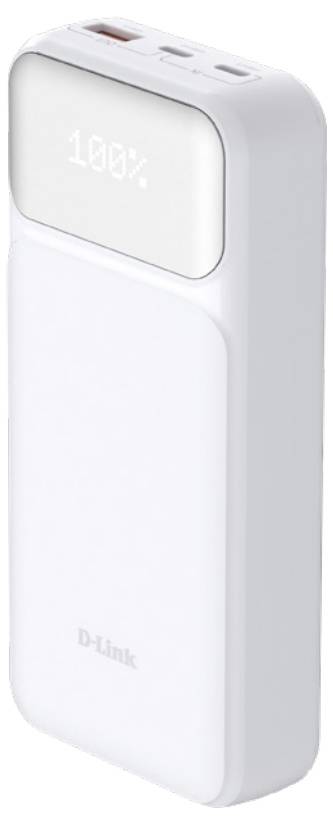 Une batterie externe blanche de D-Link affiche '100%' sur son écran numérique, indiquant une charge complète.