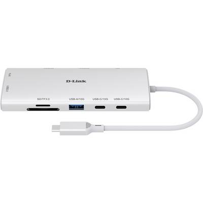 Hub USB-C avec ports SD/TF, USB-A et USB-C. Comprend un câble court intégré. Nom de marque 'D-Link' visible sur le hub.