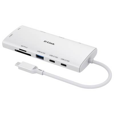 Un hub USB-C blanc de D-Link avec plusieurs ports, comprenant des ports USB-A, USB-C, HDMI et des emplacements pour cartes SD, présentant diverses options de connectivité.