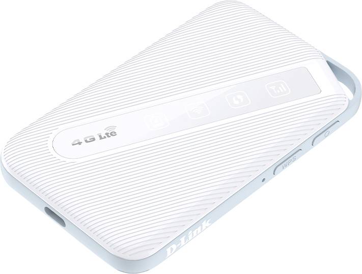 Routeur Wi-Fi portable D-Link 4G LTE en blanc avec design texturé et icônes pour la connectivité, la batterie, le Wi-Fi et la force du signal.