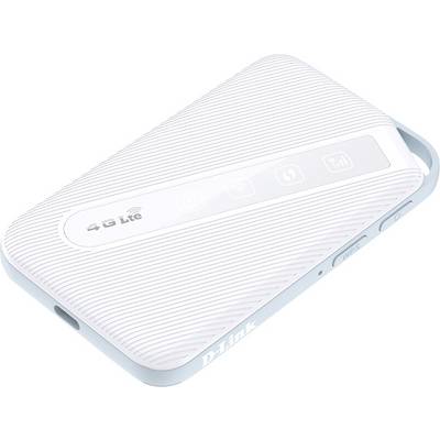 Routeur Wi-Fi portable D-Link 4G LTE en blanc avec design texturé et icônes pour la connectivité, la batterie, le Wi-Fi et la force du signal.