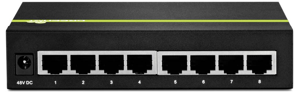 Un commutateur réseau noir avec huit ports Ethernet numérotés de 1 à 8, et une entrée d'alimentation étiquetée « 48V CC ».