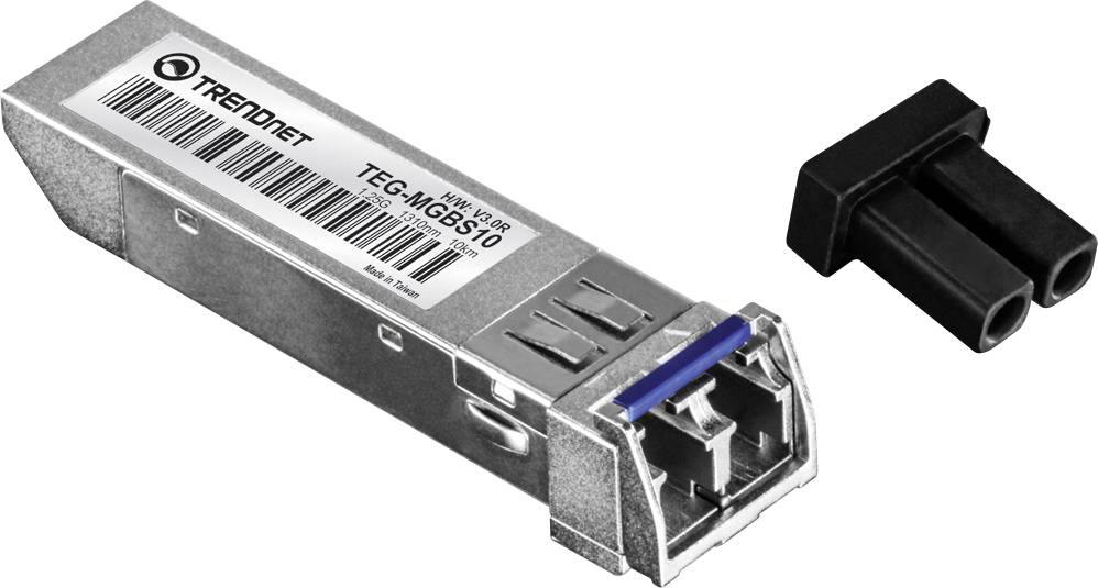 Un gros plan d'un module SFP (Small Form-factor Pluggable) rectangulaire en métal étiqueté 'TEG-MGBS10' avec deux fiches noires à côté.
